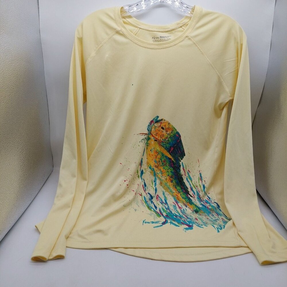 Kevin Brant Fishing Moisture Wicking Shirt Size Large Yellow Fish Graphic